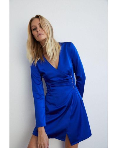 Warehouse Satin Wrap Buckle Detail Mini Dress - Blue