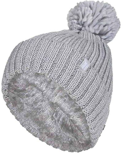 Heat Holders Ladies Ribbed Cuffed Thermal Insulated Winter Pom Pom Bobble Hat - Grey