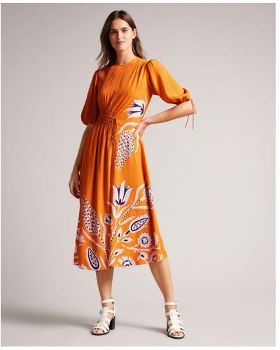 Ted Baker Jeinay Printed Asymmetric Tie Midi Dress - Orange