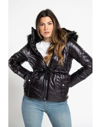 Tokyo Laundry High Shine Quilted Jacket With Faux Fur Trim Hood - Black