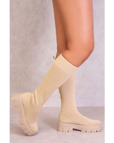 Where's That From Charmaine Chunky Knee High Boot With Knitted Sock - Natural