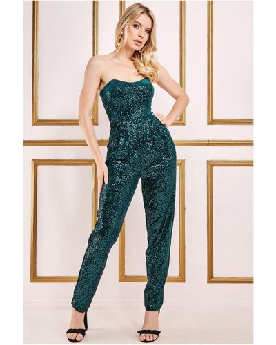 Goddiva Sequin & Velvet Corset Jumpsuit - Green