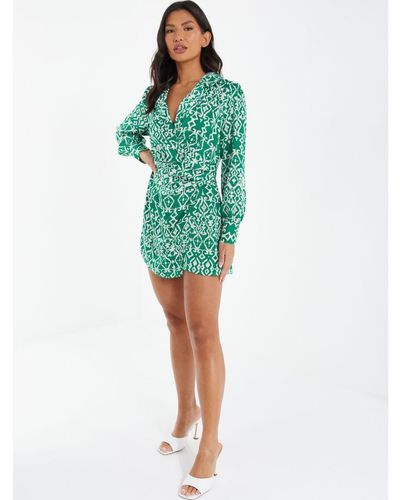 Quiz Green Satin Aztec Wrap Playsuit