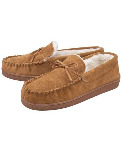 Dunlop Real Suede Leather Fleece Lined Moccasin Slippers - Brown