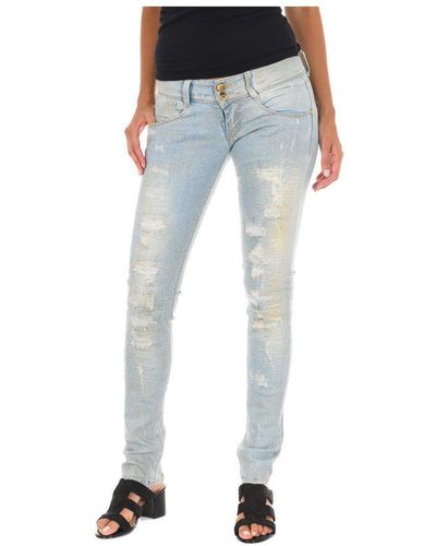 Met Long Denim Trousers Worn And Torn Effect 10db50130 Woman Cotton - Blue