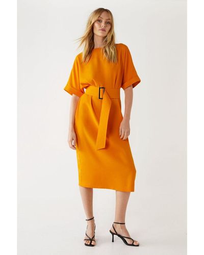 Warehouse Multi Stitch Belted Soft Shift Dress - Orange
