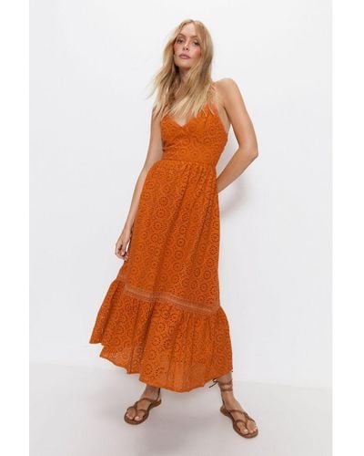Warehouse Strappy Broderie Maxi Dress Cotton - Orange