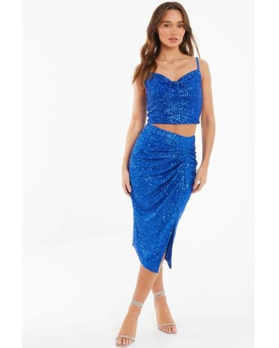 Quiz Royal Blue Sequin Ruched Midi Skirt