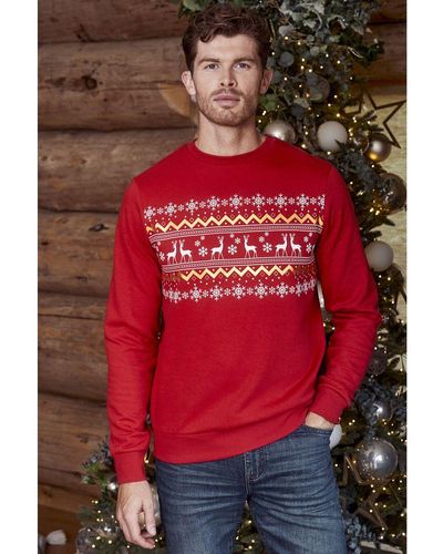 Threadbare 'Snowball' Crew Neck Fairisle Christmas Sweatshirt - Red
