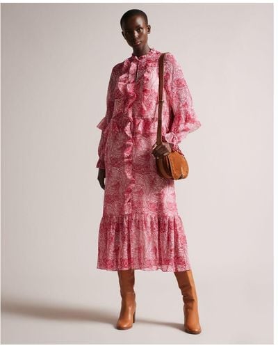 Ted Baker Alissia Ruffle Detail Midi Shirt Dress - Pink