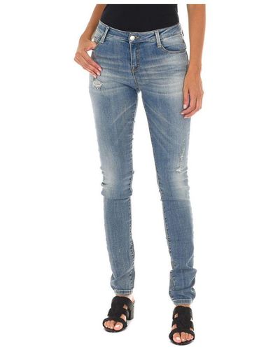 Met Long Denim Trousers Worn And Torn Effect 10db50305 Woman Cotton - Blue