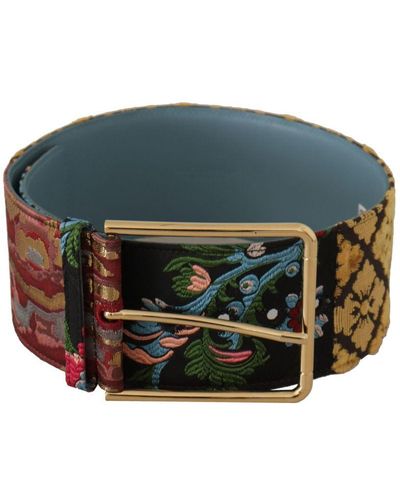 Dolce & Gabbana Multicolour Embroidered Leather Gold Metal Buckle Belt Canvas - Green