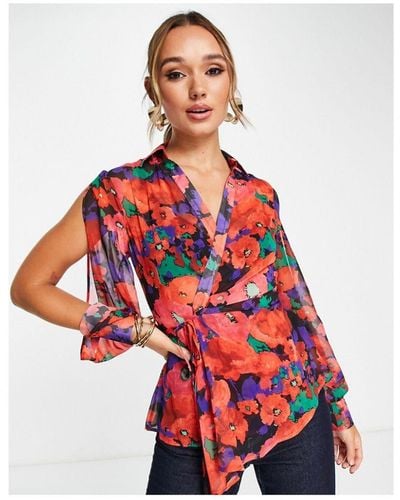 ASOS Sheer Wrap Front Shirt With Split Sleeve - Red