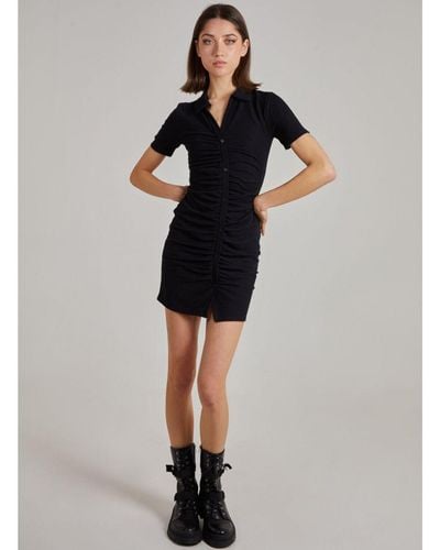 Pink Vanilla Short Sleeve Button Up Ribbed Ruched Mini Dress - Black