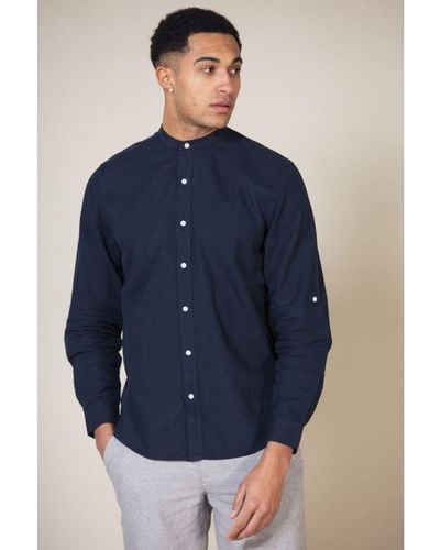 Nines 'Jadran' Linen Blend Long Sleeve Button-Up Shirt With Grandad Collar - Blue