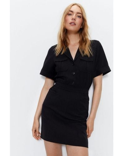 Warehouse Tailored Utility Detail Mini Shirt Dress - Black