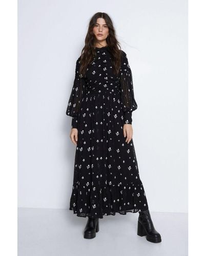 Warehouse Embroidered Dobby Ruched Maxi Dress - Black