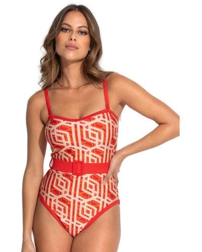 Pour Moi 24406 Casablanca Removable Straps Belted Tummy Control Swimsuit - Red