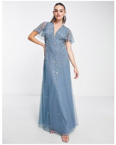 ASOS Flutter Sleeve Maxi Dress With Trailing Floral Embellishment - Blue