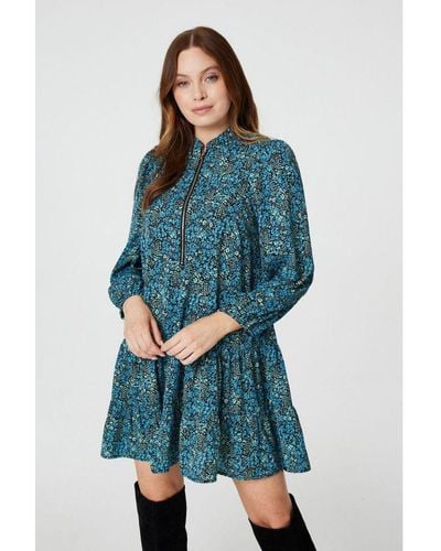 Izabel London Floral Zip Front Short Dress - Blue
