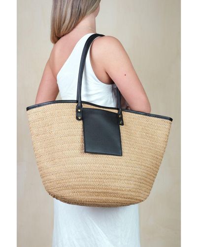 Where's That From 'Shell' Ratan Beach Bag With Front Pocket Detail - Black