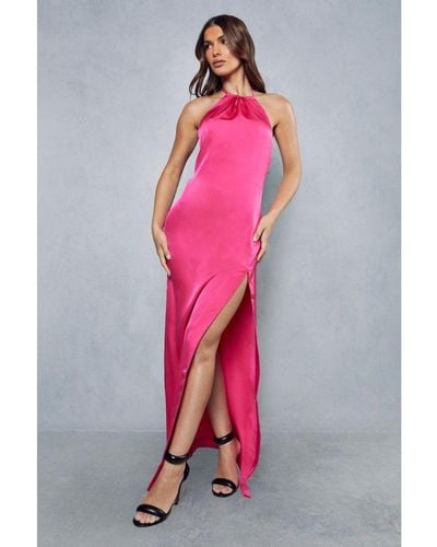 MissPap Premium Satin Deep V Back Ruched Halterneck Maxi Dress - Pink
