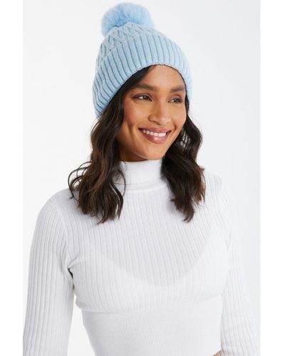 Quiz Light Blue Knitted Faux Fur Pom Hat - White