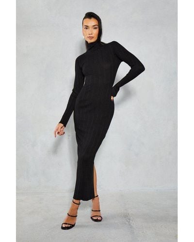 MissPap Knitted Ribbed High Neck Maxi Dress - Black