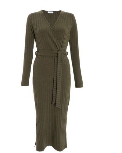 Quiz Khaki Ribbed Wrap Midi Dress - Green