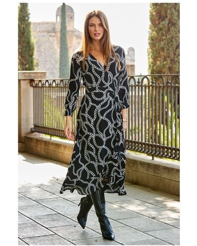 Sosandar Chain Print Ruffle Hem Midi Wrap Dress - Metallic