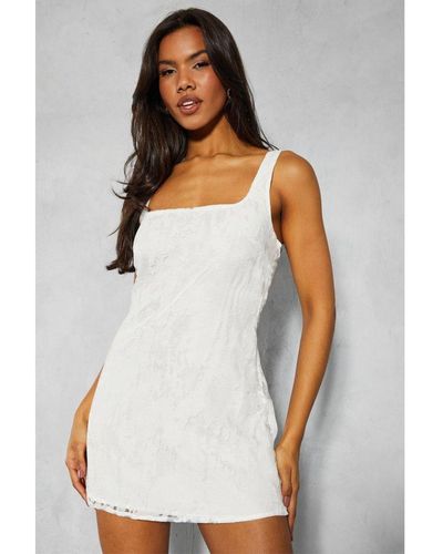 MissPap Textured Square Scoop Neck A-Line Mini Dress - White