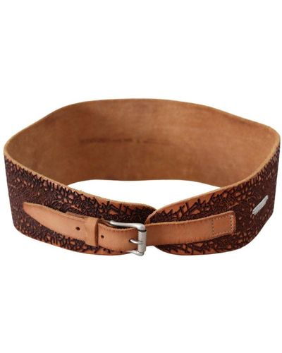 Ermanno Scervino Brown Wide Leather Embroidered Design Logo Belt