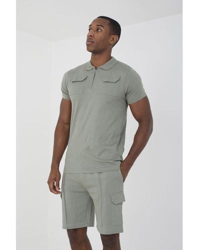 Brave Soul Pale Green 'hubble' Polo Shirt & Short Co-ord Set - Grey