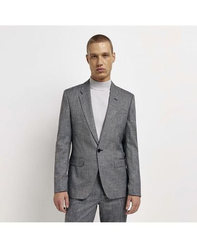 River Island Suit Jacket Grey Skinny Fit Houndstooth Cotton