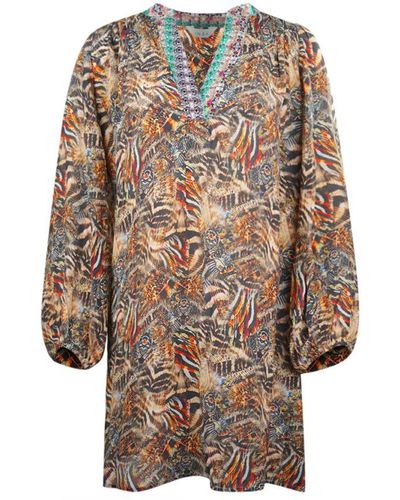 Inoa Golden Eagle Long Sleeve Silk V-Neck Dress - Brown