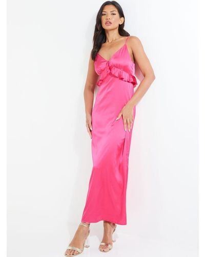 Quiz Satin Frill Slip Midi Dress - Pink
