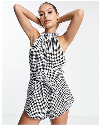 ASOS Houndstooth Halter Neck Tailored Playsuit-multi - Blue