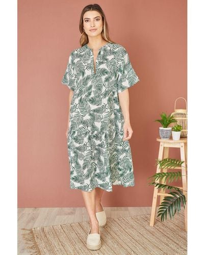 Yumi' Organic Cotton Palm Print Tiered Tunic Dress - Green