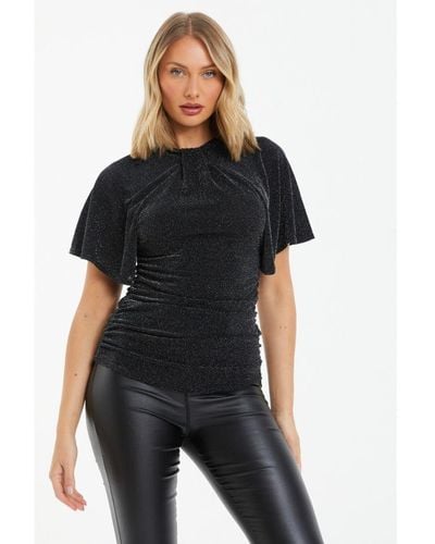 Quiz Black Sequin Batwing Ruched Top