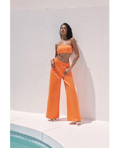 MissPap Premium Tailored Satin High Waisted Wide Leg Trousers - Orange