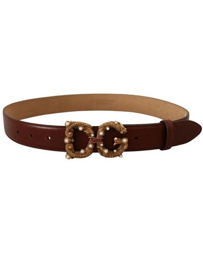 Dolce & Gabbana Vintage-Brass Logo Buckle Leather Belt With Enamelled Scroll And Artificial Pearls - Brown