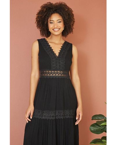 Yumi' Lace Trim Cotton Midi Sun Dress - Black