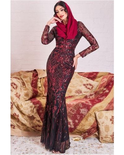 Goddiva Modesty Sequin Evening Maxi Dress - Red