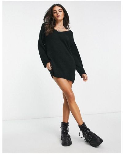 ASOS Knitted Mini Dress With V Neck - Black