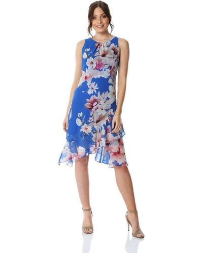 Roman Floral Chiffon Hanky Hem Ruffle Dress - Blue