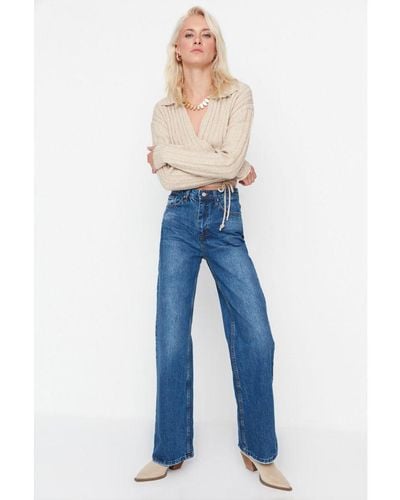 Trendyol Vrouwen Hoge Taille Breed Been Jeans - Blauw