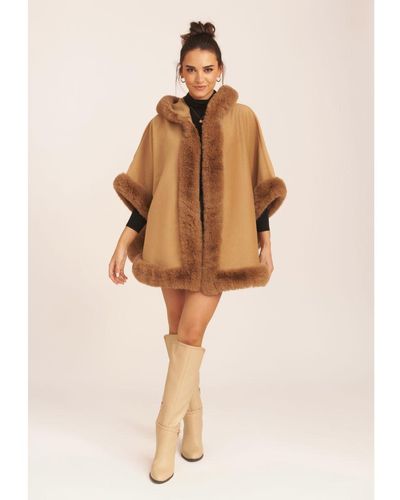 Gini London Soft Fur Trim Hooded Oversized Cape - Natural
