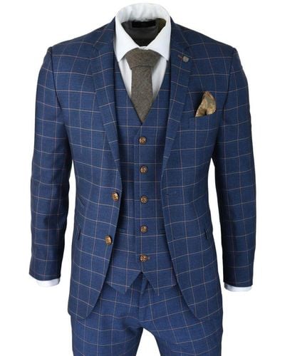 Paul Andrew 3 Piece Suit Blue Gold Check Peaky Blinders 1920 Gatsby Smart Vintage