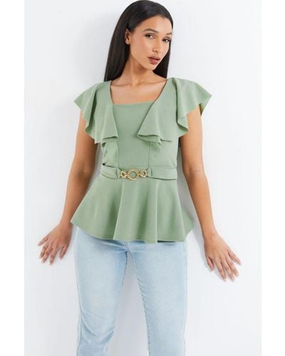 Quiz Sage Frill Sleeve Buckle Peplum Top - Green