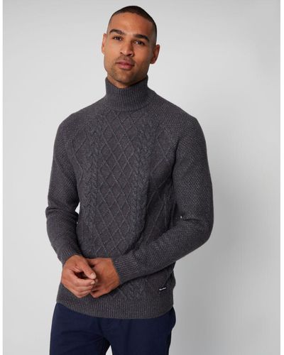 Threadbare Charcoal 'ayres' Turtle Neck Cable Knit Jumper - Grey